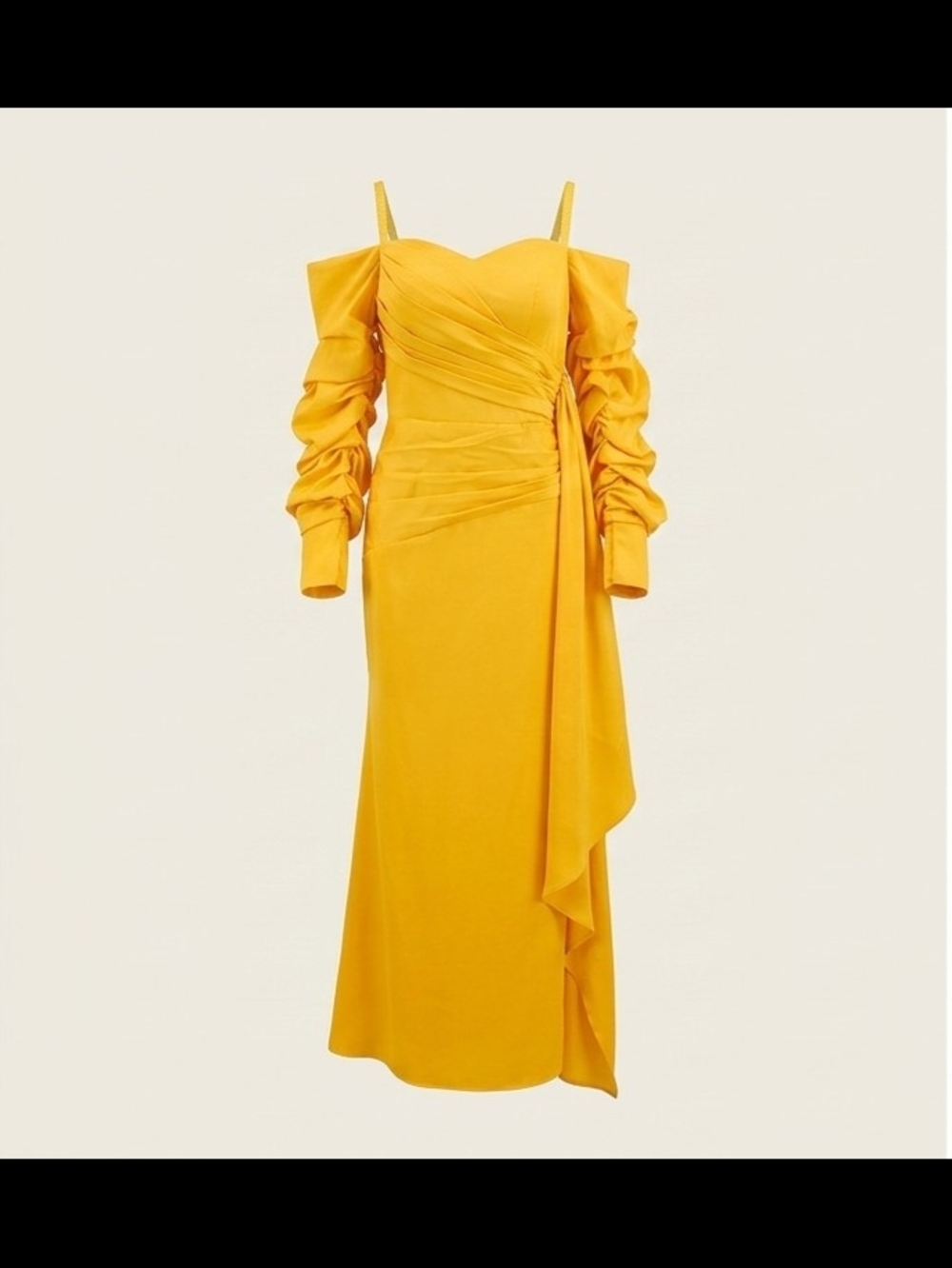 Mustard Yellow Off-Shoulder Draped Evening Gown